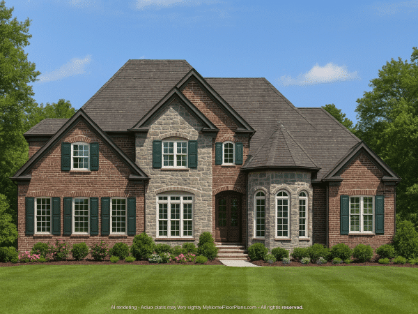 Elegant 3-Story House Plan with European Design and Vaulted Ceilings
