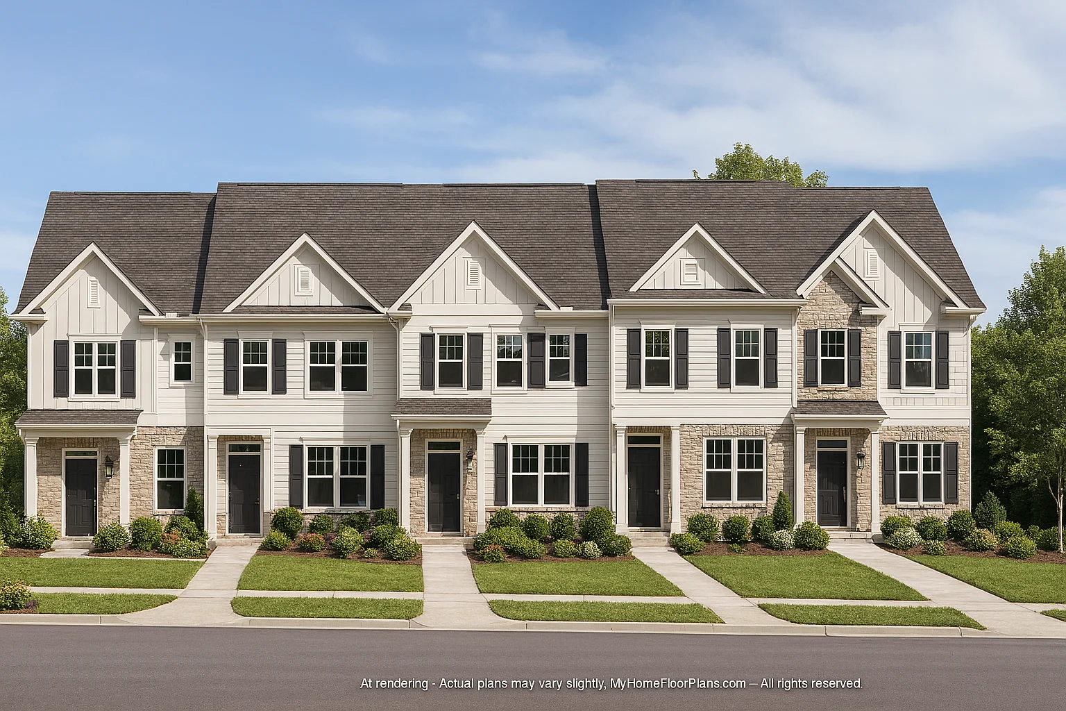 Elegant 5-Unit Townhome Plan with Open Layout and Vaulted Ceilings