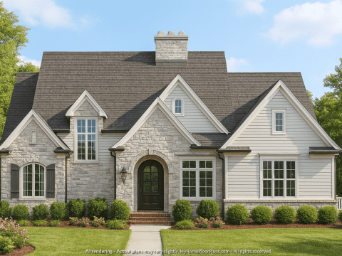European 3-Story 5-Bedroom House Plan with Brick & Stone Architecture