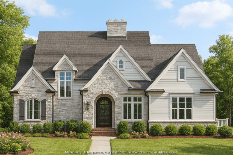 European 3-Story 5-Bedroom House Plan with Brick & Stone Architecture