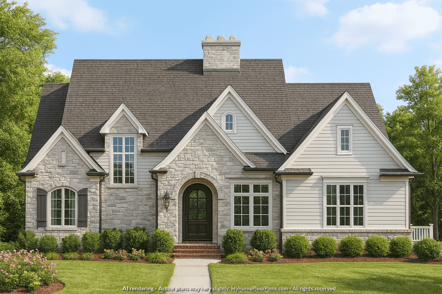European 3-Story 5-Bedroom House Plan with Brick & Stone Architecture