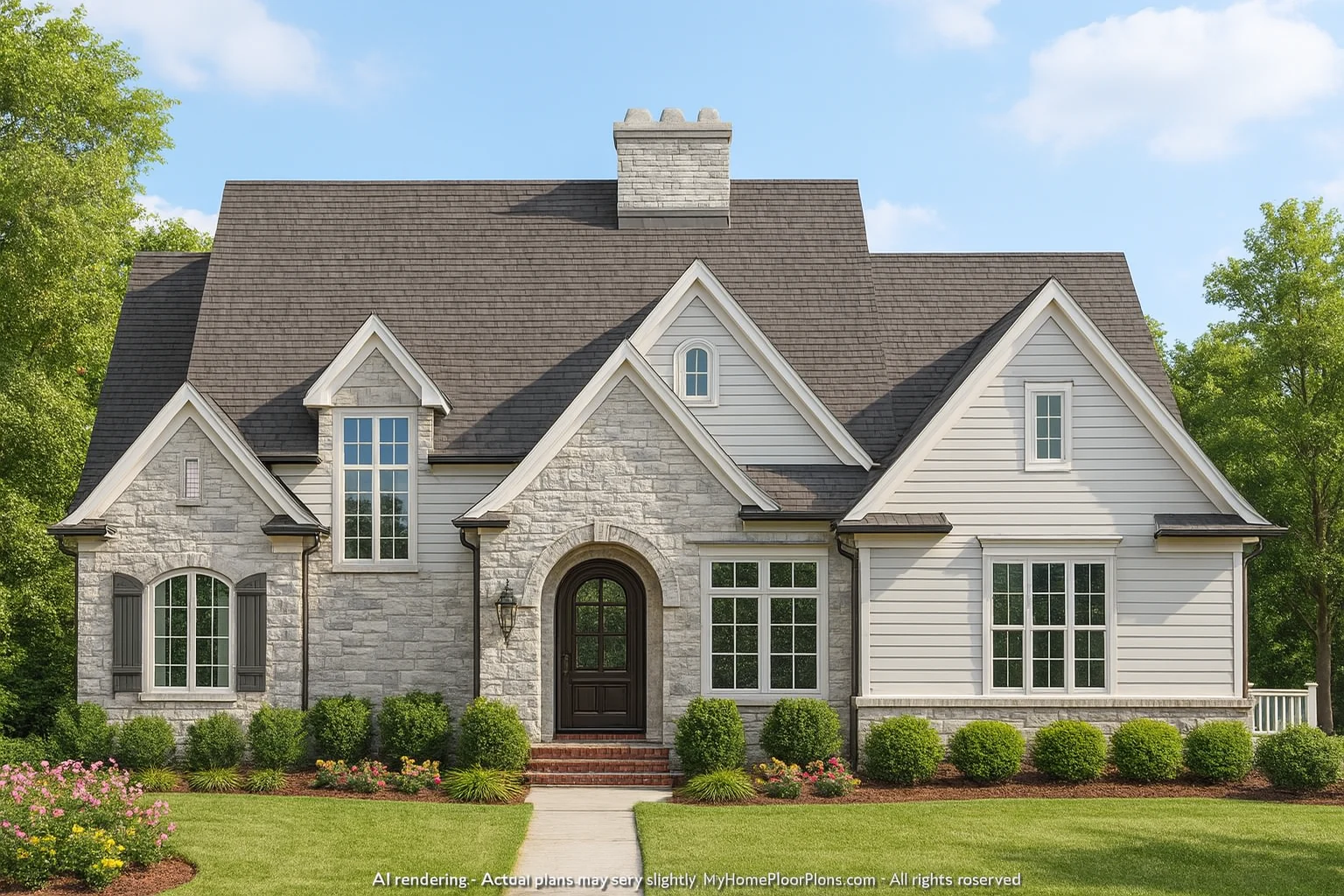 European 3-Story 5-Bedroom House Plan with Brick & Stone Architecture