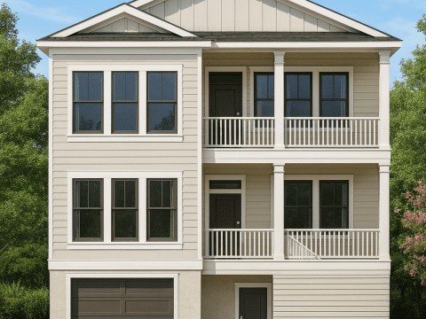 Modern 2-Story Coastal Home Plan with Rear Garage & Balconies