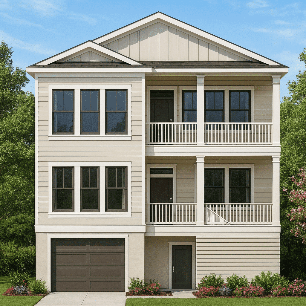 Modern 2-Story Coastal Home Plan with Rear Garage & Balconies