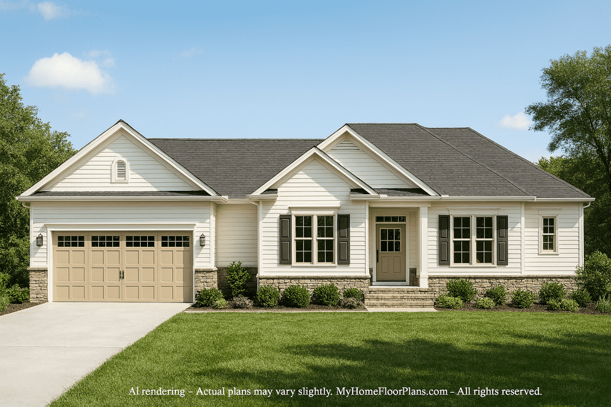 Single-Story Ranch House Plan with Open Layout and 3-Car Garage