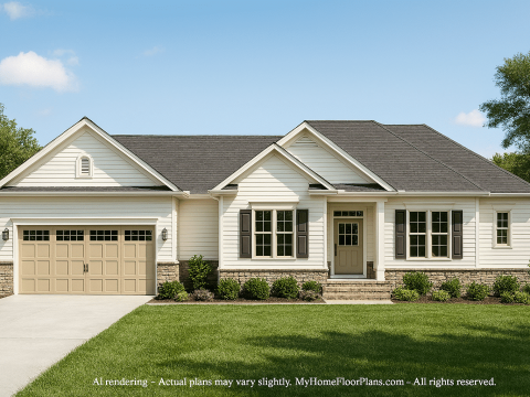Single-Story Ranch House Plan with Open Layout and 3-Car Garage