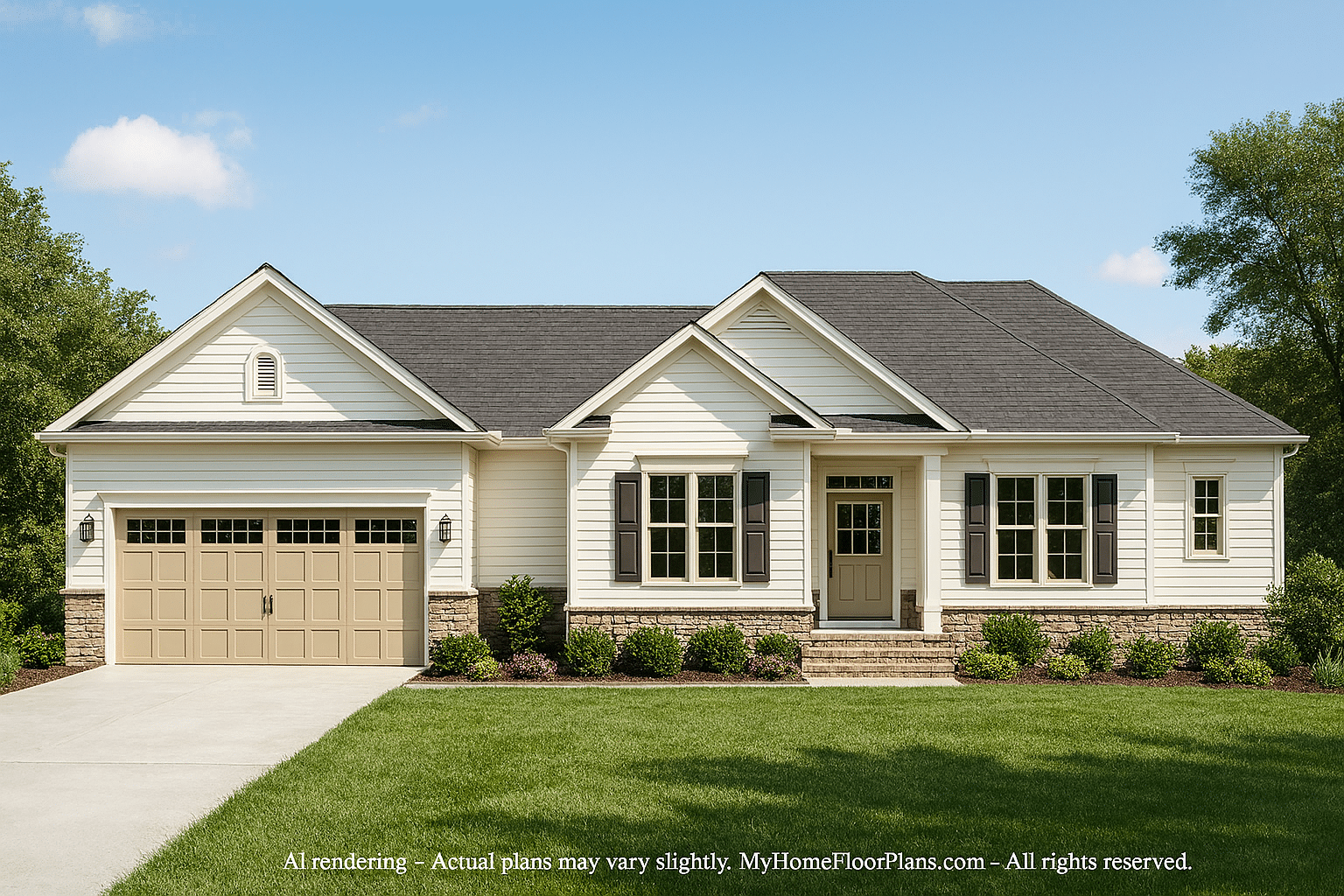 Single-Story Ranch House Plan with Open Layout and 3-Car Garage