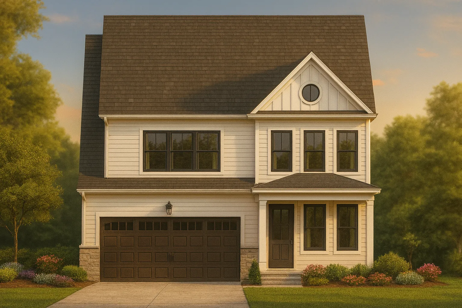 Front elevation of a two-story Modern Farmhouse with board and batten siding, dark roof, stone foundation base, and black-trimmed windows