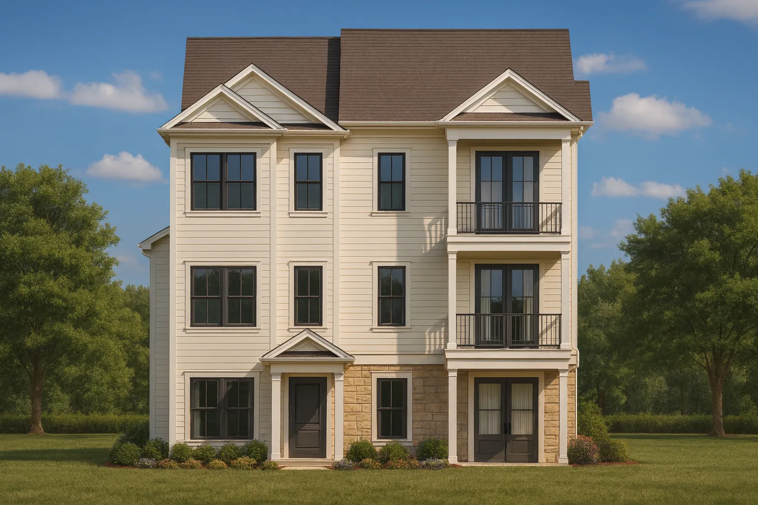 Front elevation of a Modern Traditional three-story house featuring horizontal siding, stone accents, symmetrical windows, and clean suburban curb appeal