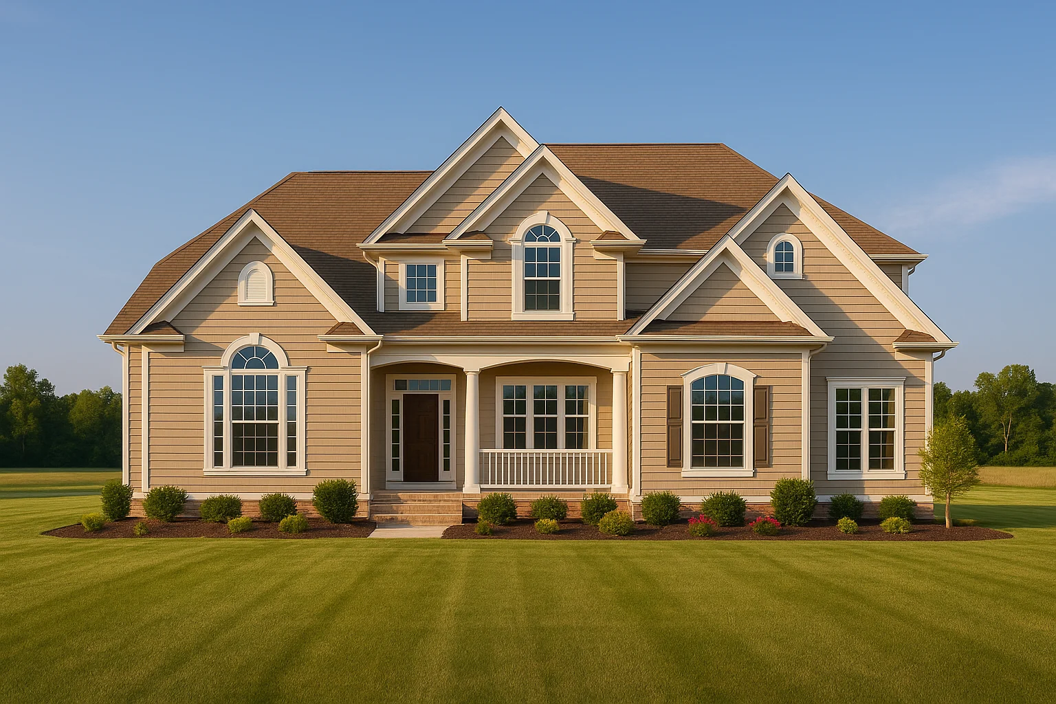 Front elevation of a New American / Modern Traditional two-story home featuring horizontal lap siding, white trim, arched windows, shutters, brick steps, and a covered front porch