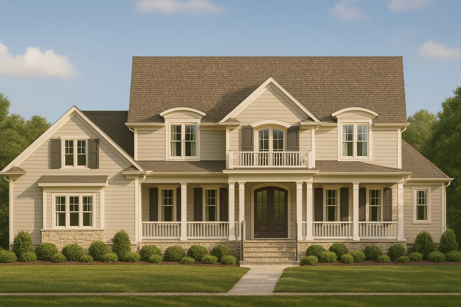 Front elevation of a Traditional Colonial and New American style home featuring horizontal siding, stone accents, and a symmetrical façade