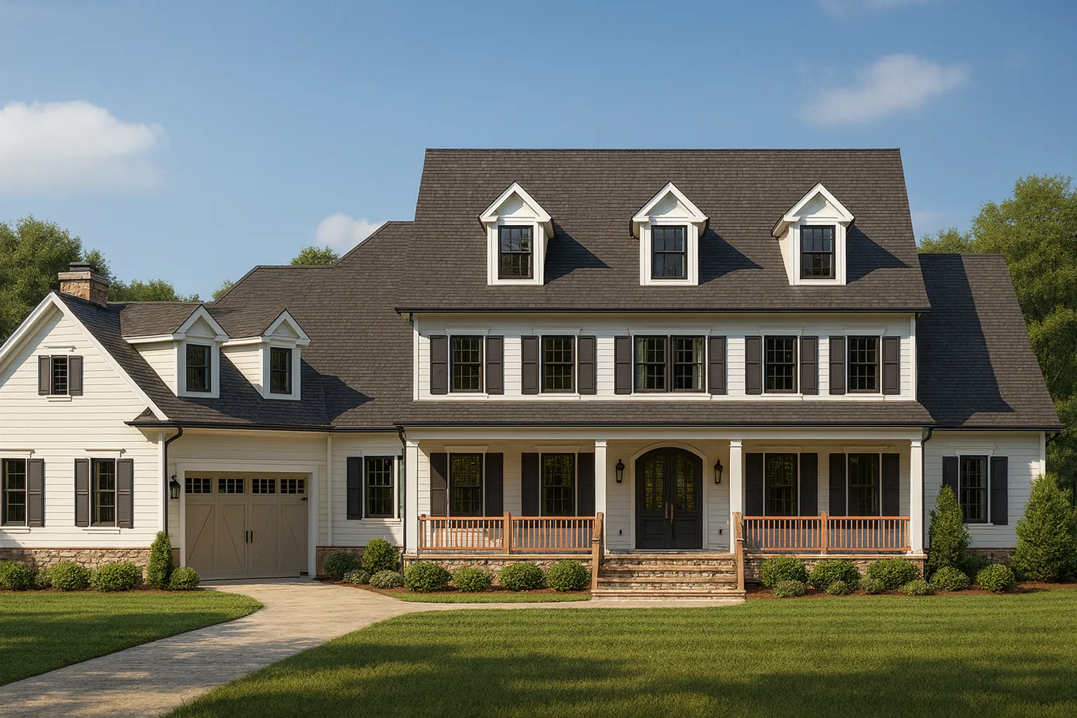 Front elevation of a Traditional Colonial style home with symmetrical design, horizontal siding, brick foundation, dormer windows, and a wide covered front porch