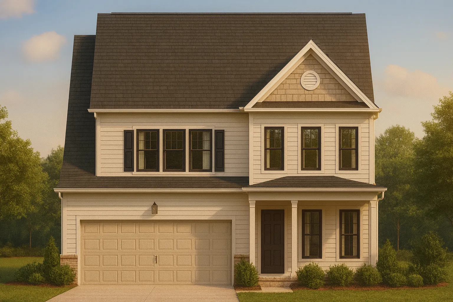 Front elevation of a Traditional Colonial style two-story home featuring horizontal siding, brick water table, and symmetrical windows with black shutters