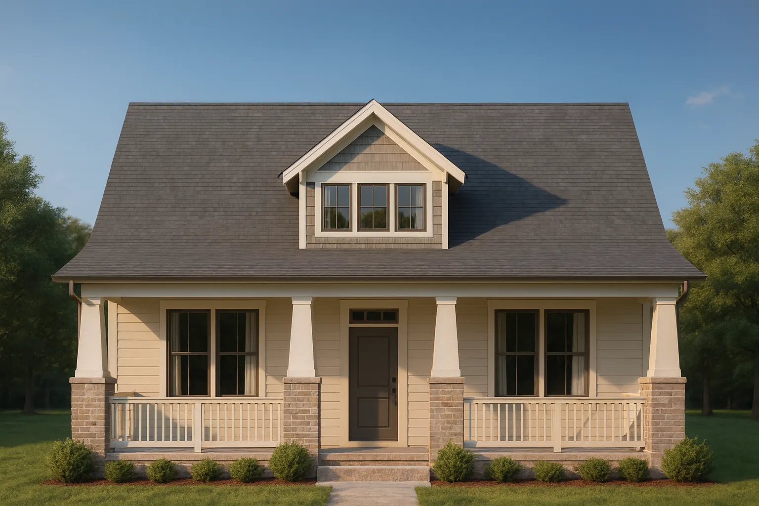Front elevation of a Traditional Cottage Craftsman style home featuring siding, stone accents, gabled roof, and a welcoming covered porch