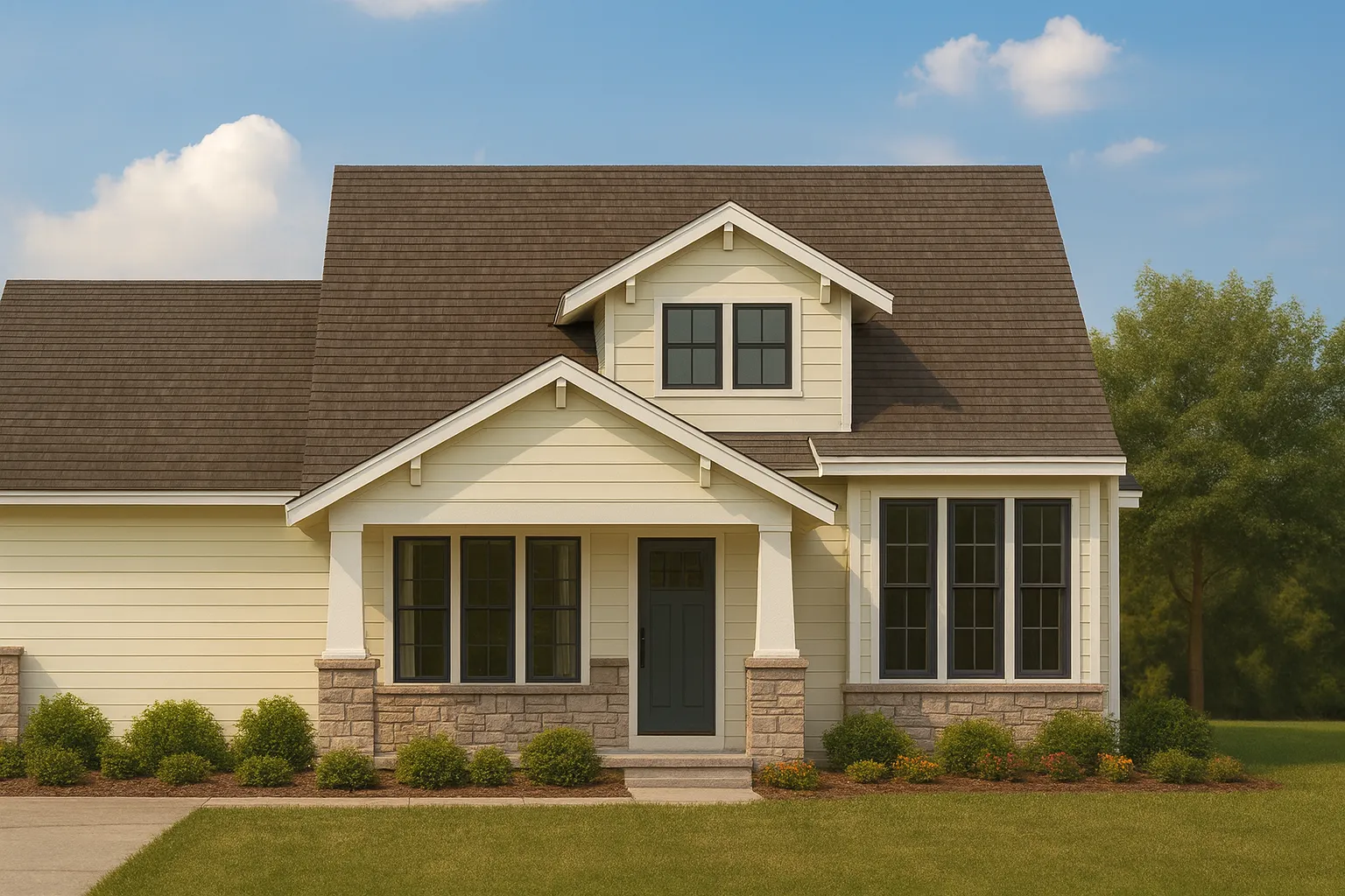 Front view of a Traditional Ranch style house featuring horizontal lap siding, stone wainscoting, gable rooflines, and clean suburban curb appeal