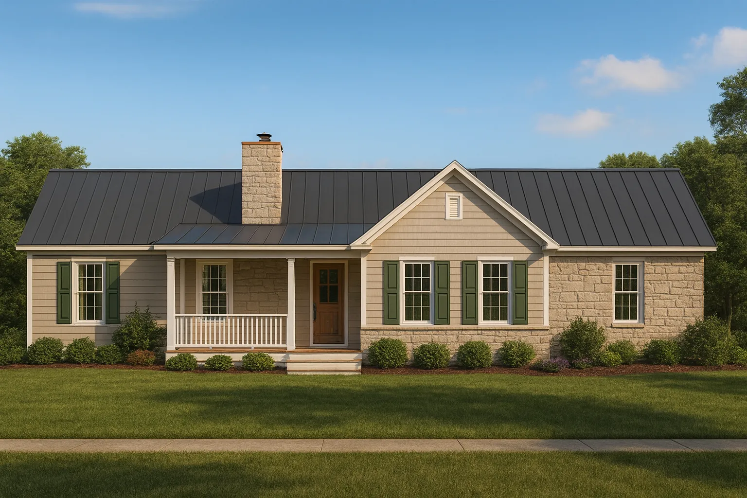 Front elevation of a Traditional Ranch style home featuring horizontal siding, stone accents, metal roof, and a welcoming covered porch