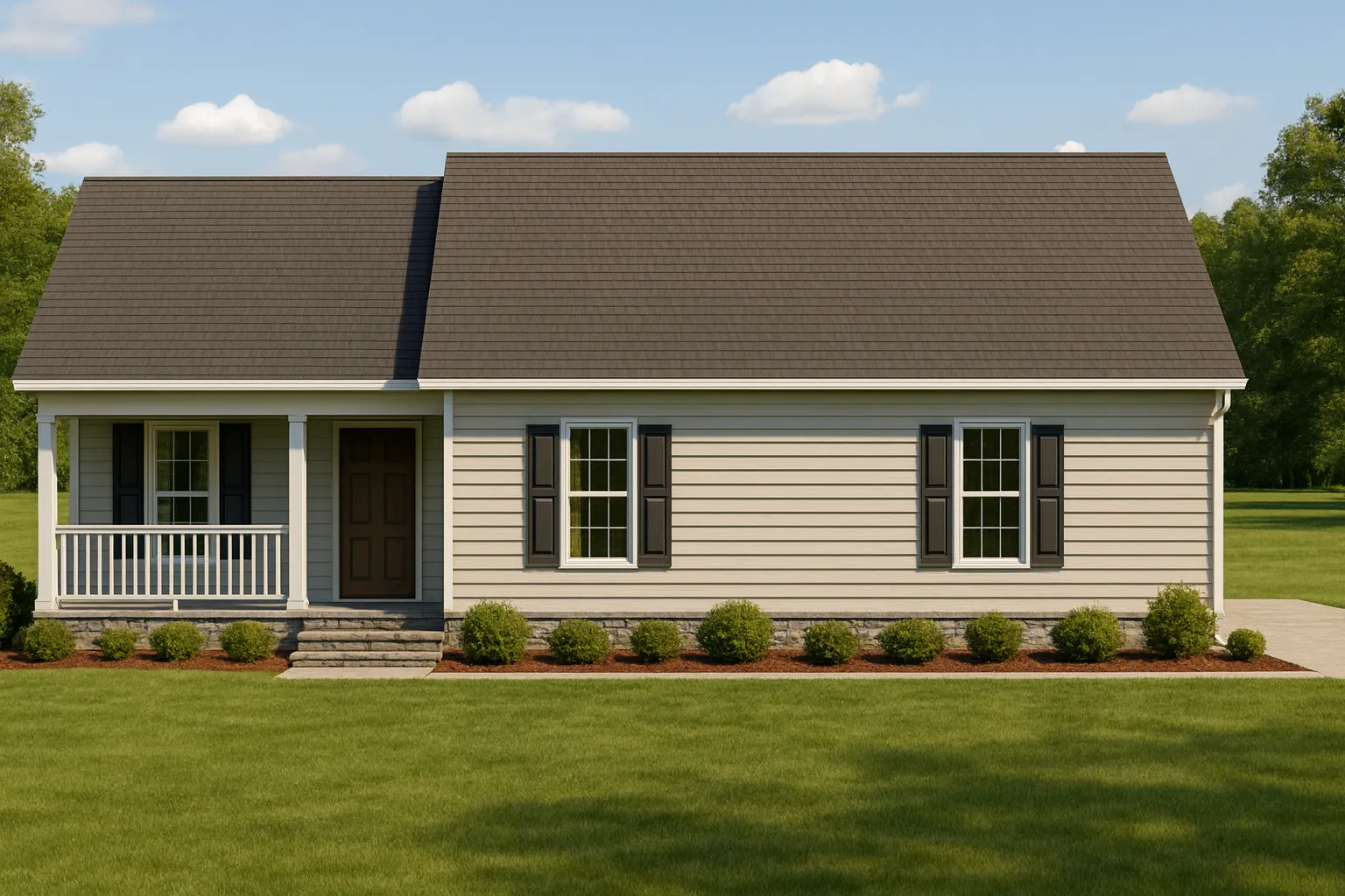 Front elevation of a Traditional Ranch style home featuring horizontal siding, stone water table, simple roofline, and covered porch