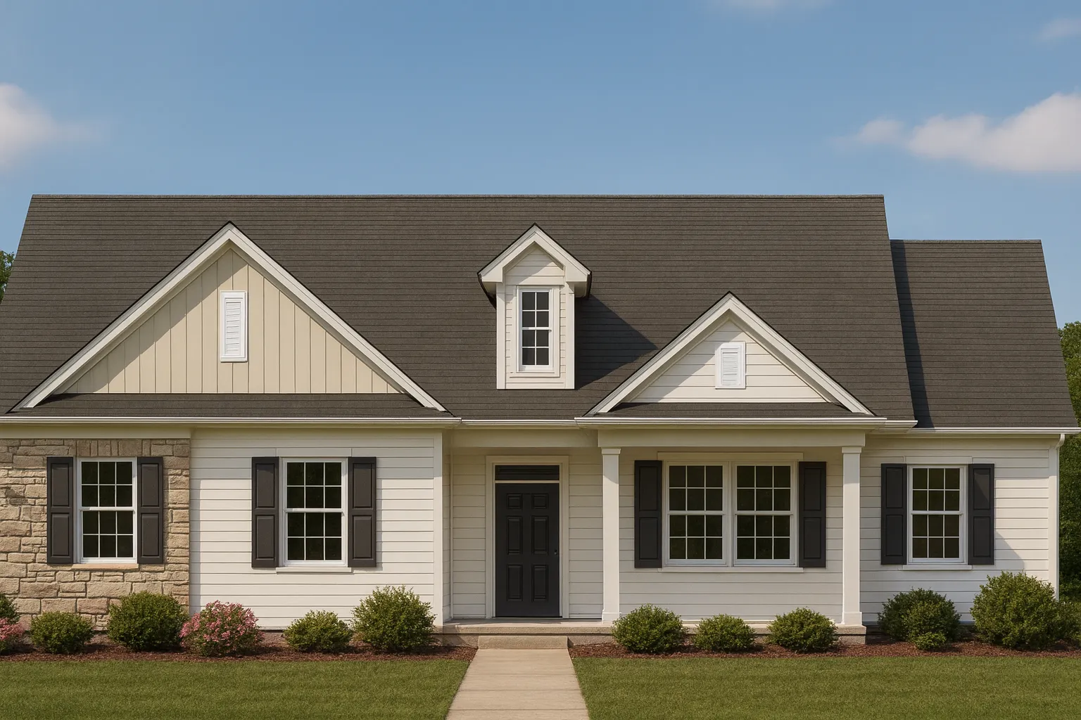 Front elevation of a Traditional Ranch style home featuring stone, horizontal siding, and board and batten accents with a clean symmetrical façade