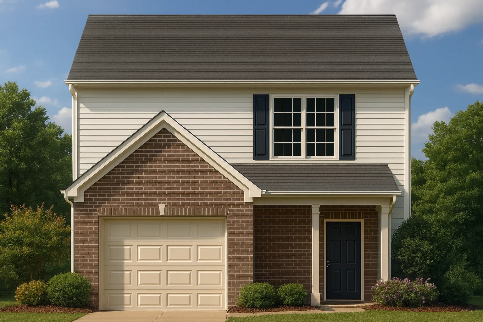 Front view of a Traditional Suburban Colonial-style two-story home featuring a brick and horizontal siding exterior, one-car garage, and simple gable roofline