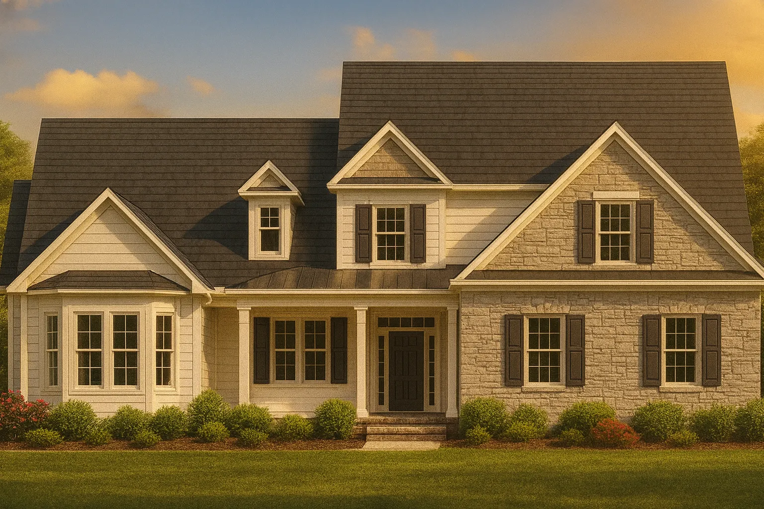 Front elevation of a Traditional Transitional home featuring stone veneer and horizontal siding with dormers and gable rooflines