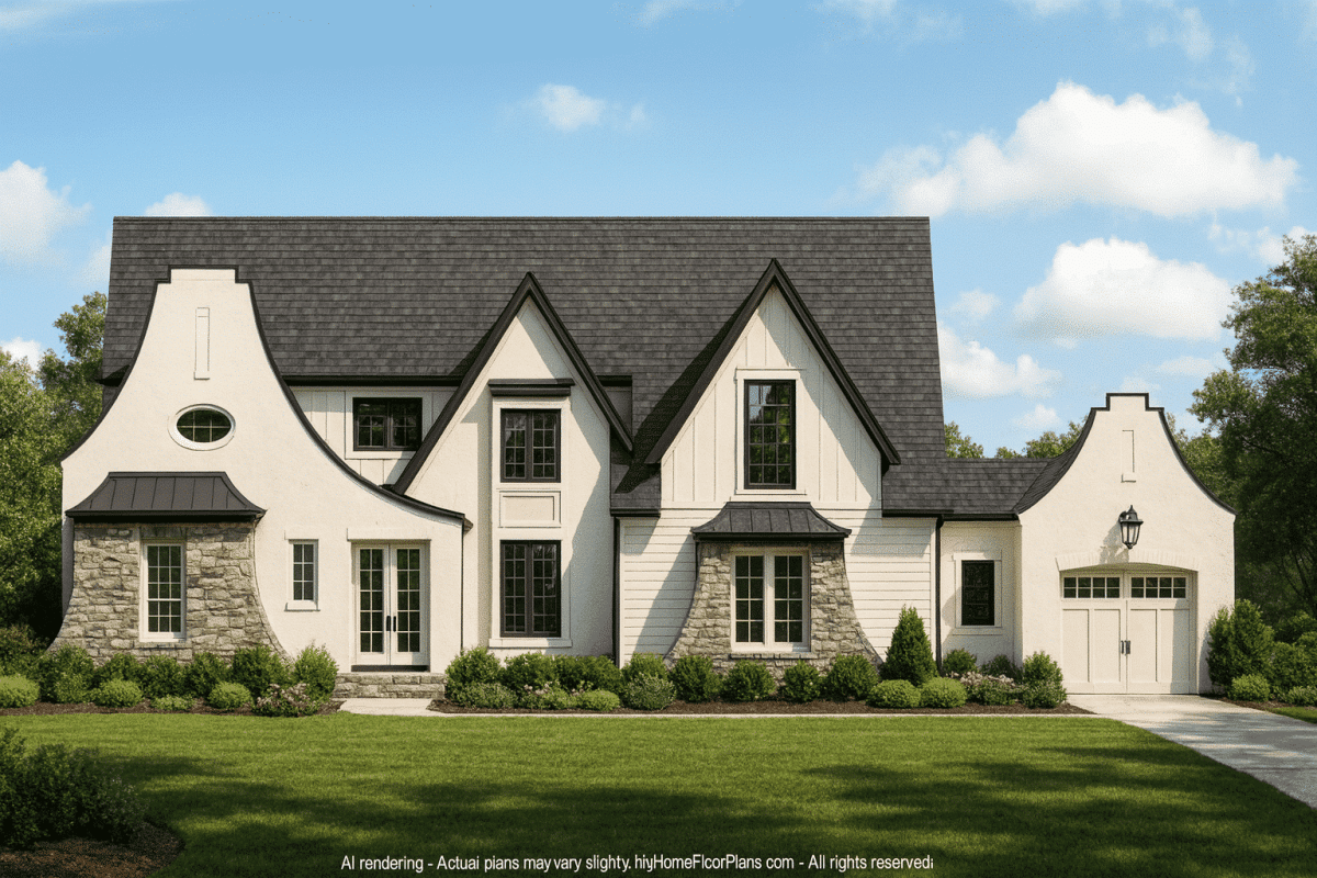 Classic Tudor Floor Plan – 5-Bedroom Luxury House with Courtyard & Vaulted Ceilings