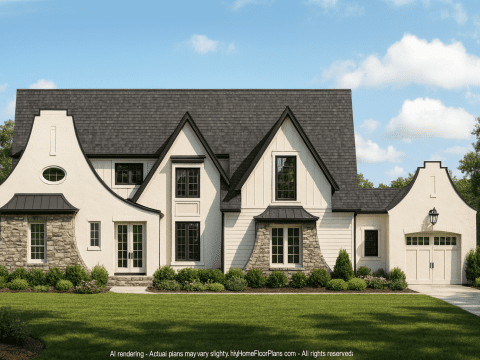 Classic Tudor Floor Plan – 5-Bedroom Luxury House with Courtyard & Vaulted Ceilings