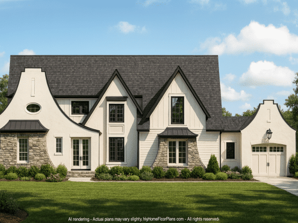 Classic Tudor Floor Plan – 5-Bedroom Luxury House with Courtyard & Vaulted Ceilings