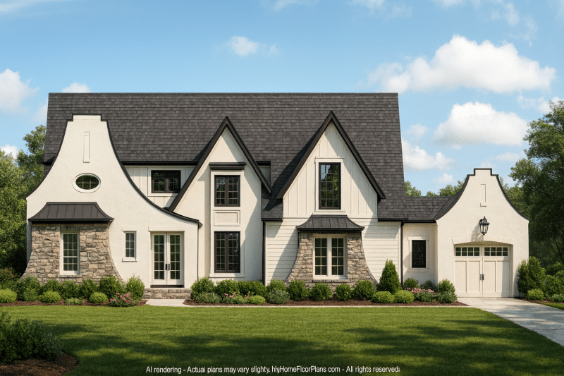 Classic Tudor Floor Plan – 5-Bedroom Luxury House with Courtyard & Vaulted Ceilings
