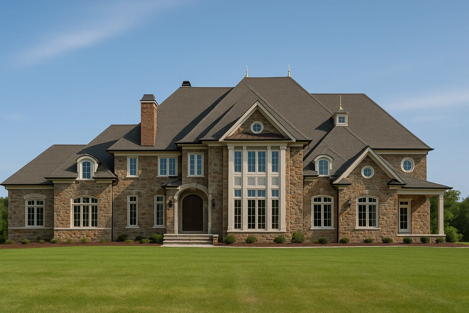 Front elevation of a Georgian Neo-Georgian style luxury home with brick exterior, stone detailing, tall central windows, and symmetrical classical architecture