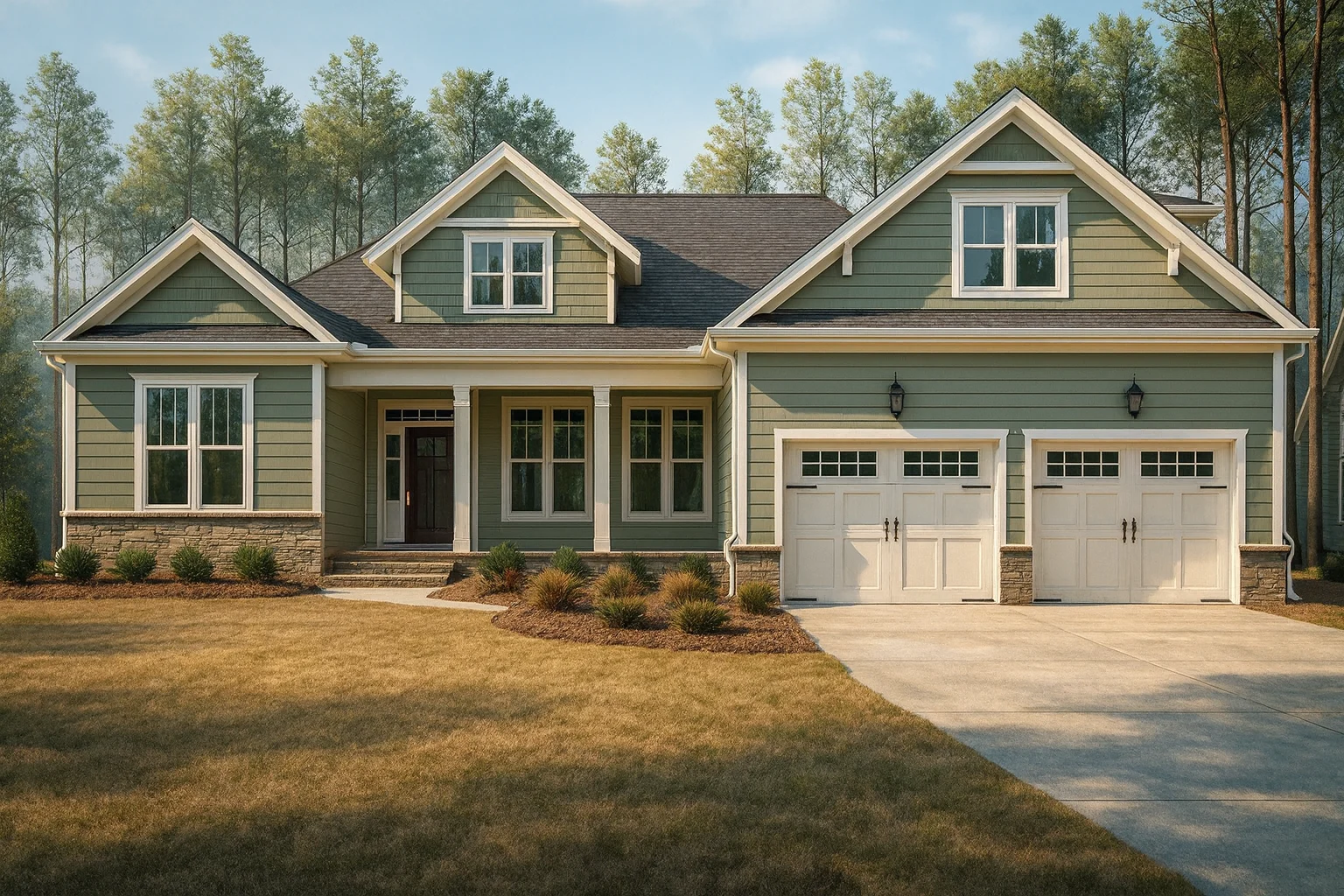 Front elevation of a Craftsman Ranch style home featuring horizontal siding, shake accents, stone detailing, and a welcoming covered porch