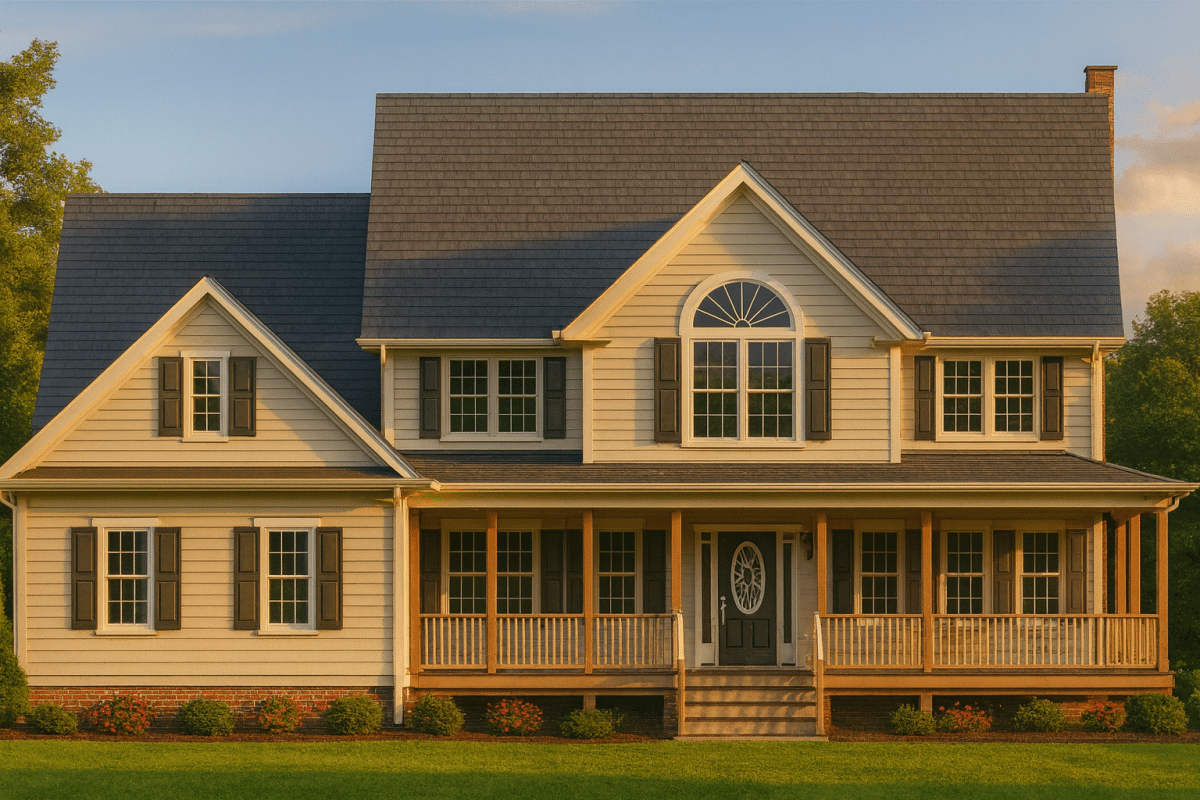 2-story Colonial Farmhouse house plan with 4,333 heated sq. ft., wrap-around porch