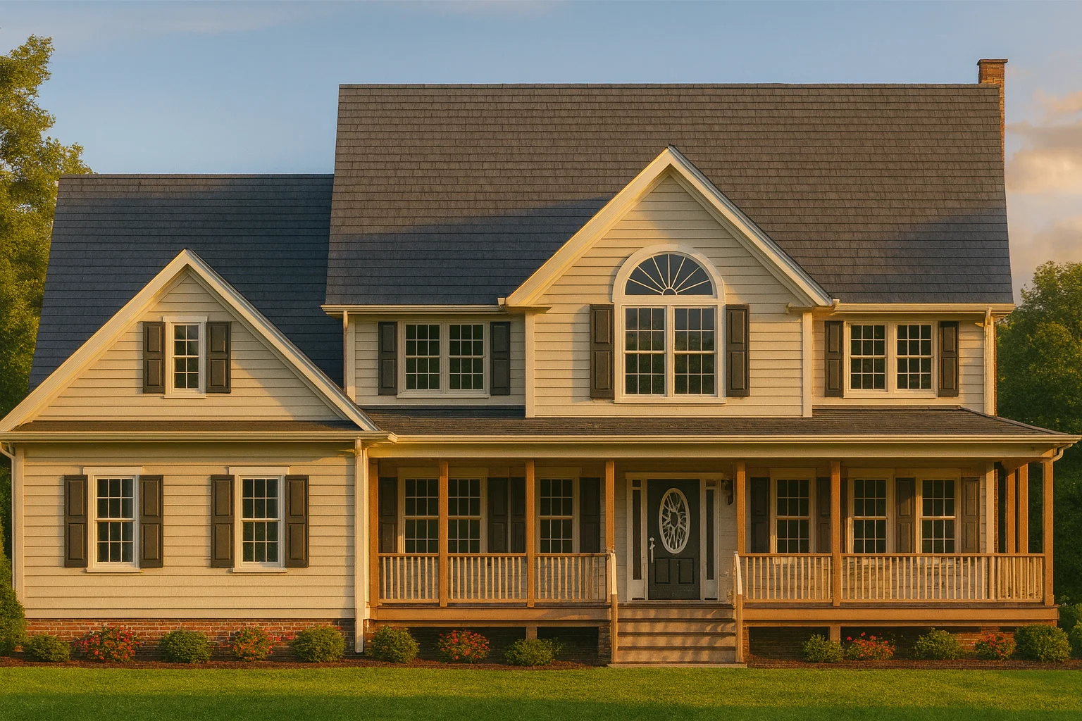 2-story Colonial Farmhouse house plan with 4,333 heated sq. ft., wrap-around porch