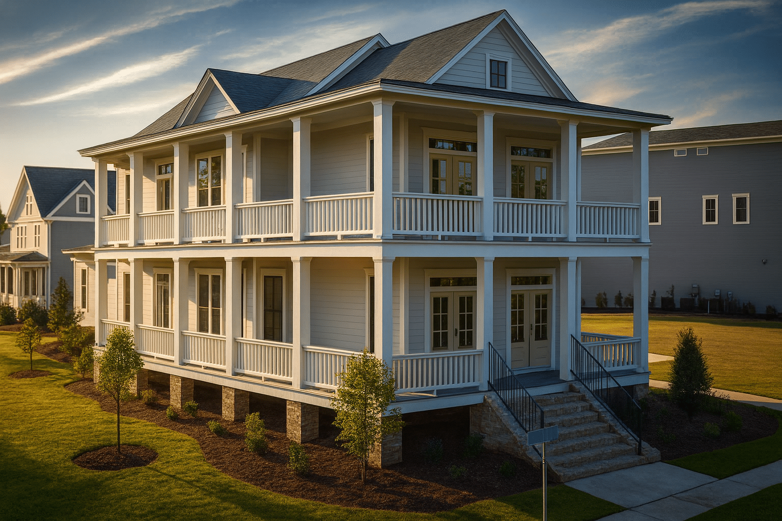 Elegant 2-Story Charleston House Plan with Brick & Siding Design