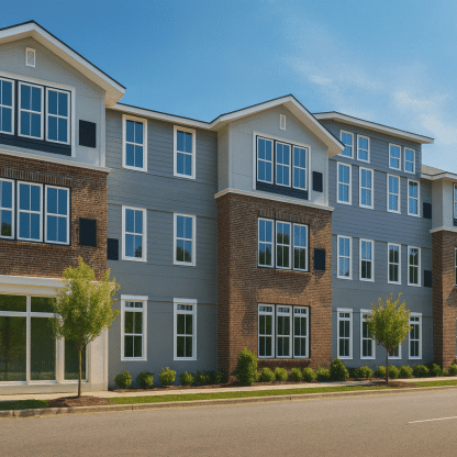 Modern Apartment Complex House Plan with Balconies and CAD Blueprints