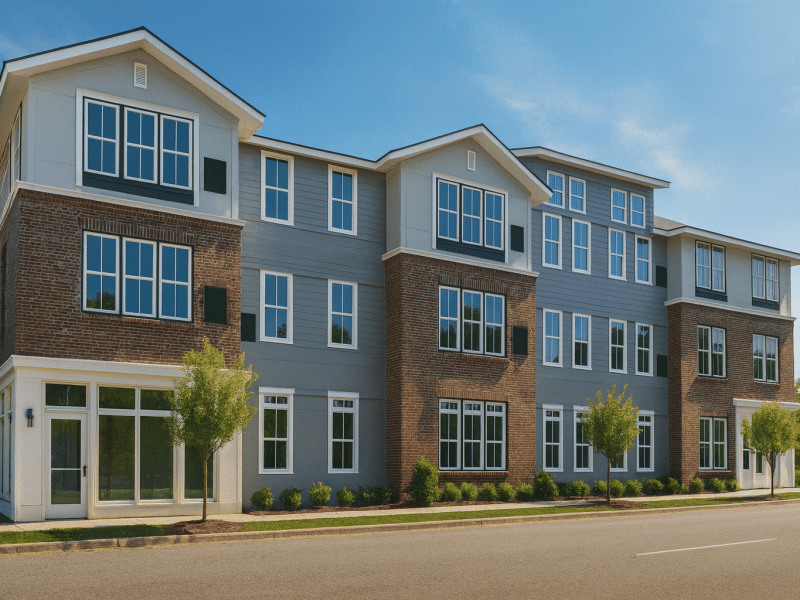 Modern Apartment Complex House Plan with Balconies and CAD Blueprints