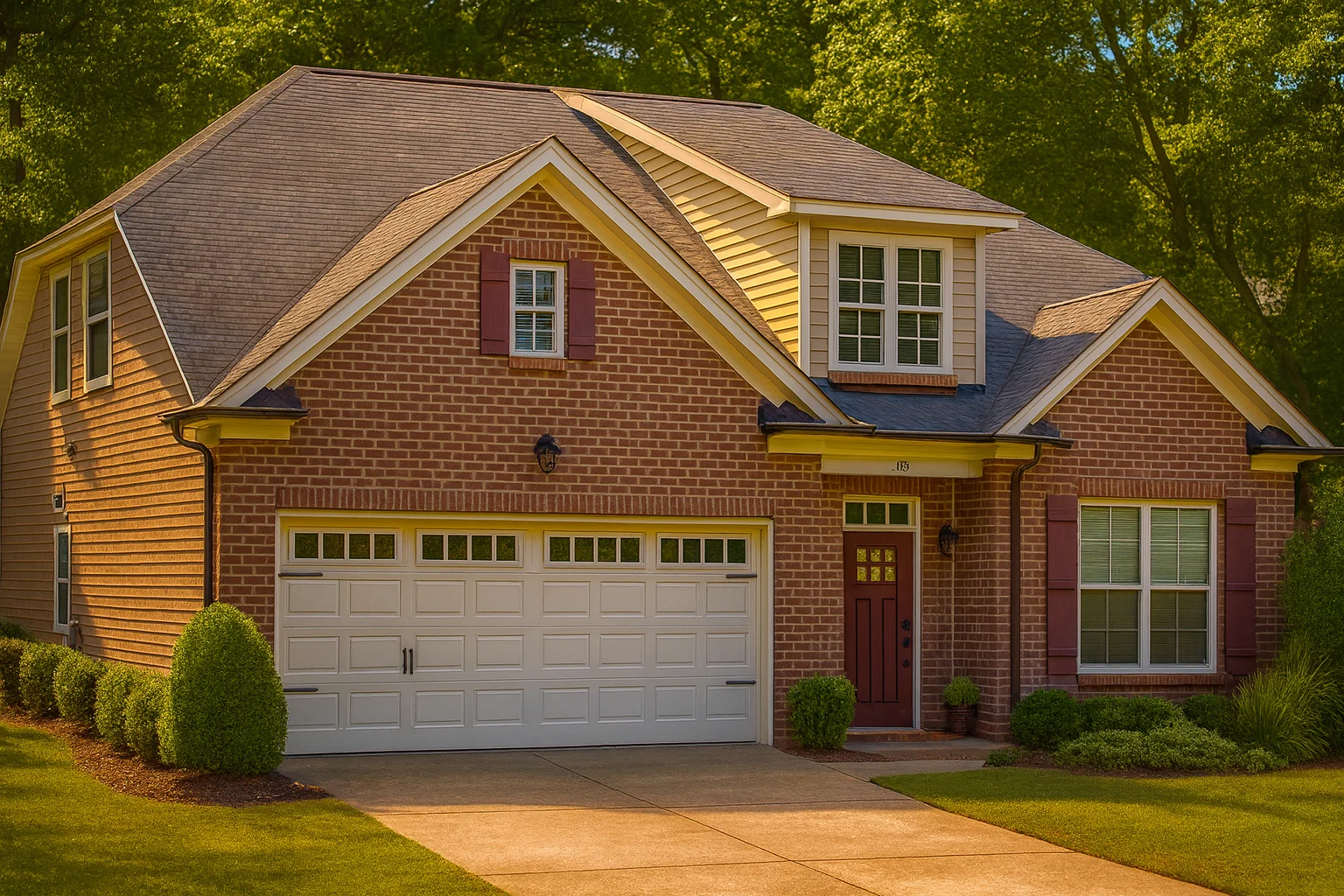 Traditional two-story brick house with gable roof and front-load garage