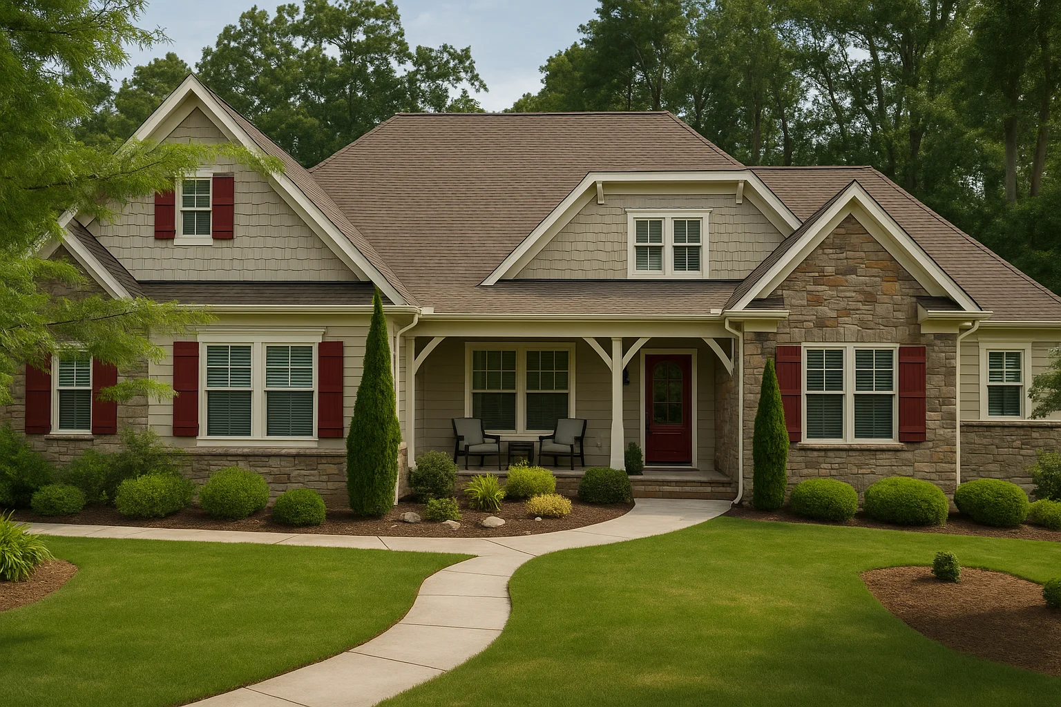 Craftsman cottage-style home with stone accents, red shutters, and front porch seating surrounded by lush landscaping.