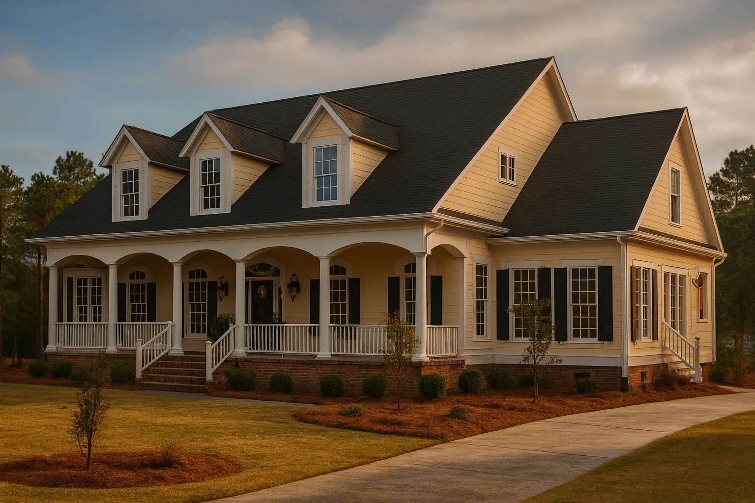 Front exterior of a Classical Southern style home with wraparound porch, horizontal siding, dormers, and symmetrical façade