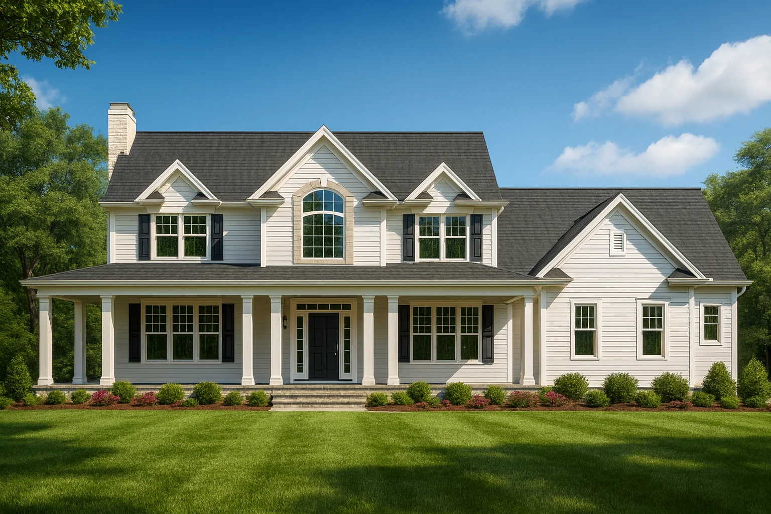 Front view of a Colonial-style two-story home with white horizontal siding, black shutters, stone accent gable, and covered porch entry