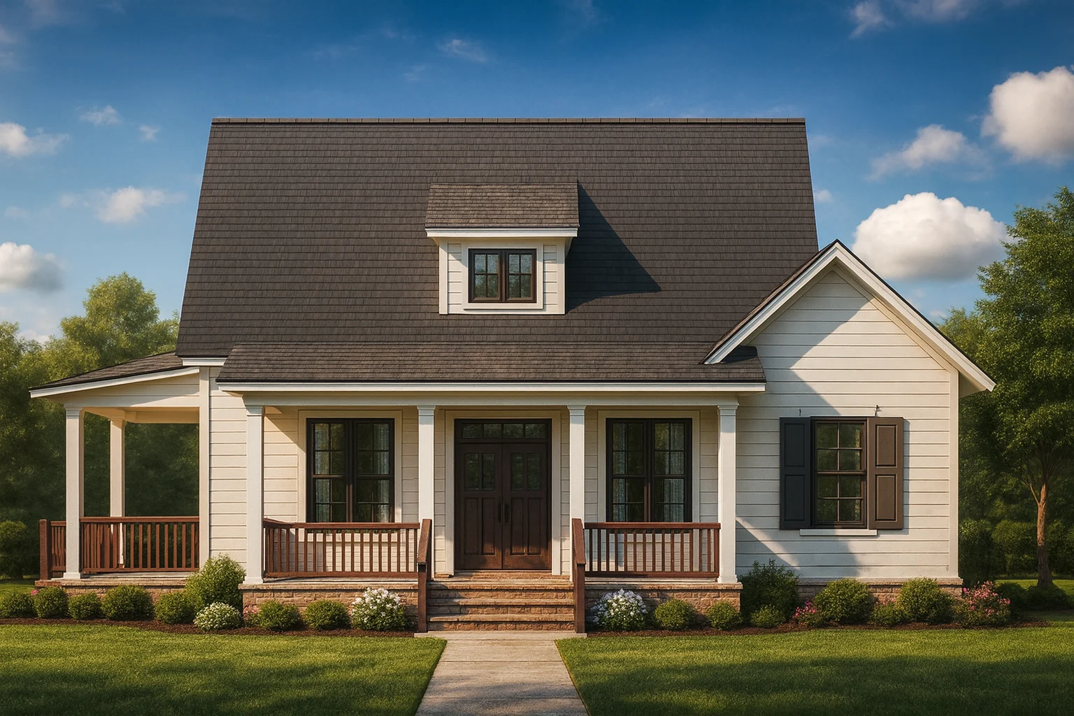 Front view of a Farmhouse Cottage style home featuring a steep gable roof, wide front porch, and classic horizontal lap siding with board and batten accents.