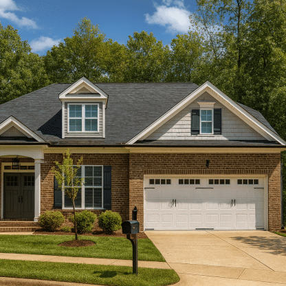 Charming modern Craftsman home with red brick, gray siding, and lush landscaping.