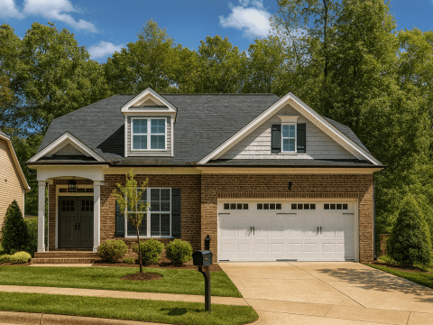 Charming modern Craftsman home with red brick, gray siding, and lush landscaping.