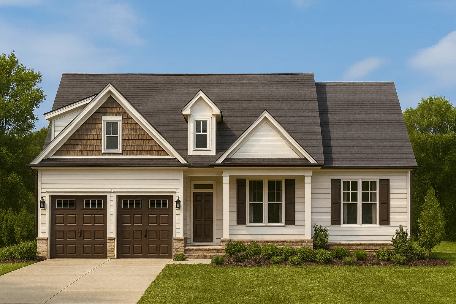 Front view of Modern Farmhouse style home featuring board and batten siding, shingle gables, and a two-car garage with craftsman details