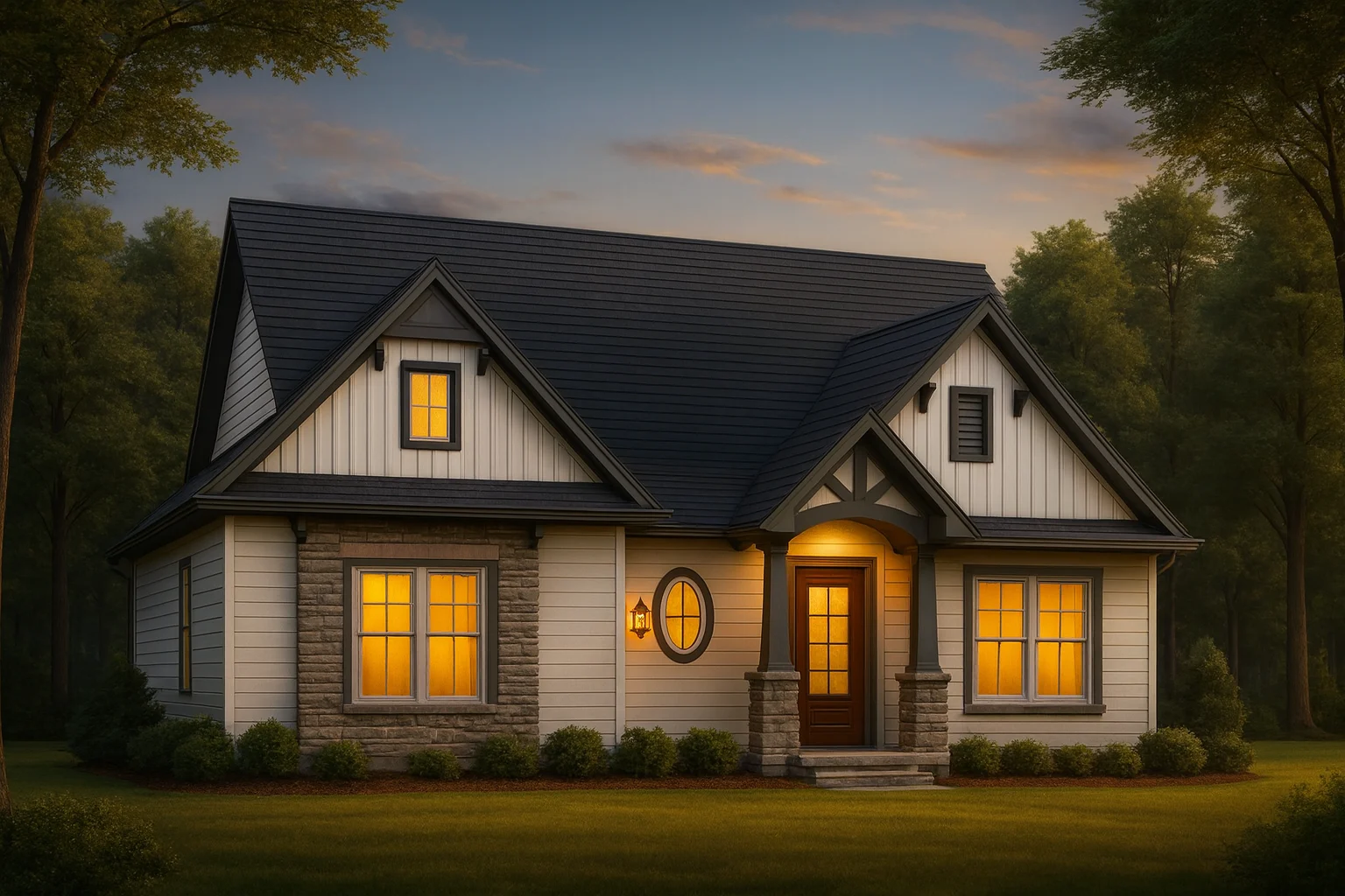 Front view of a Modern Farmhouse Cottage with board and batten siding, stone accents, gabled rooflines, and warm evening lighting