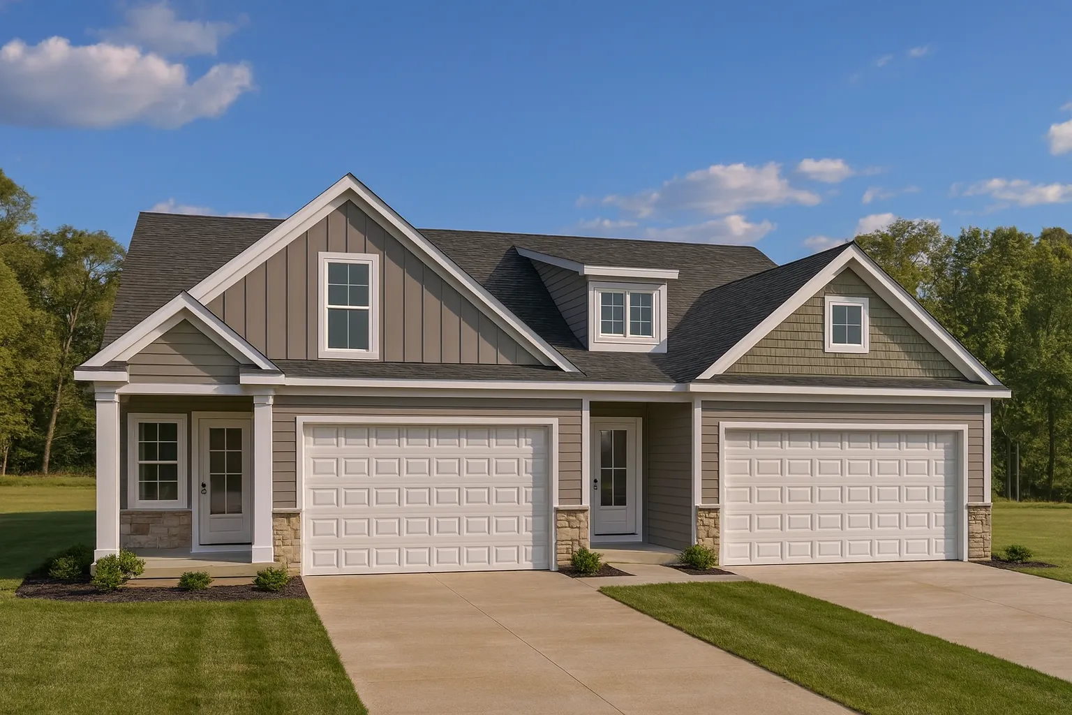 Front view of a Modern Farmhouse with Craftsman details featuring board and batten siding, stone accents, and a three-car garage under a steep gable roofline