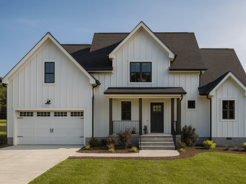 Modern farmhouse with white siding, dark roof, and inviting porch in a serene setting.