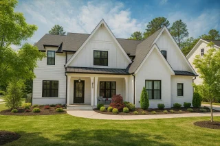 Front view of Modern Farmhouse style home featuring white painted brick, board and batten siding, black metal roofing accents, and dark window frames surrounded by manicured landscaping