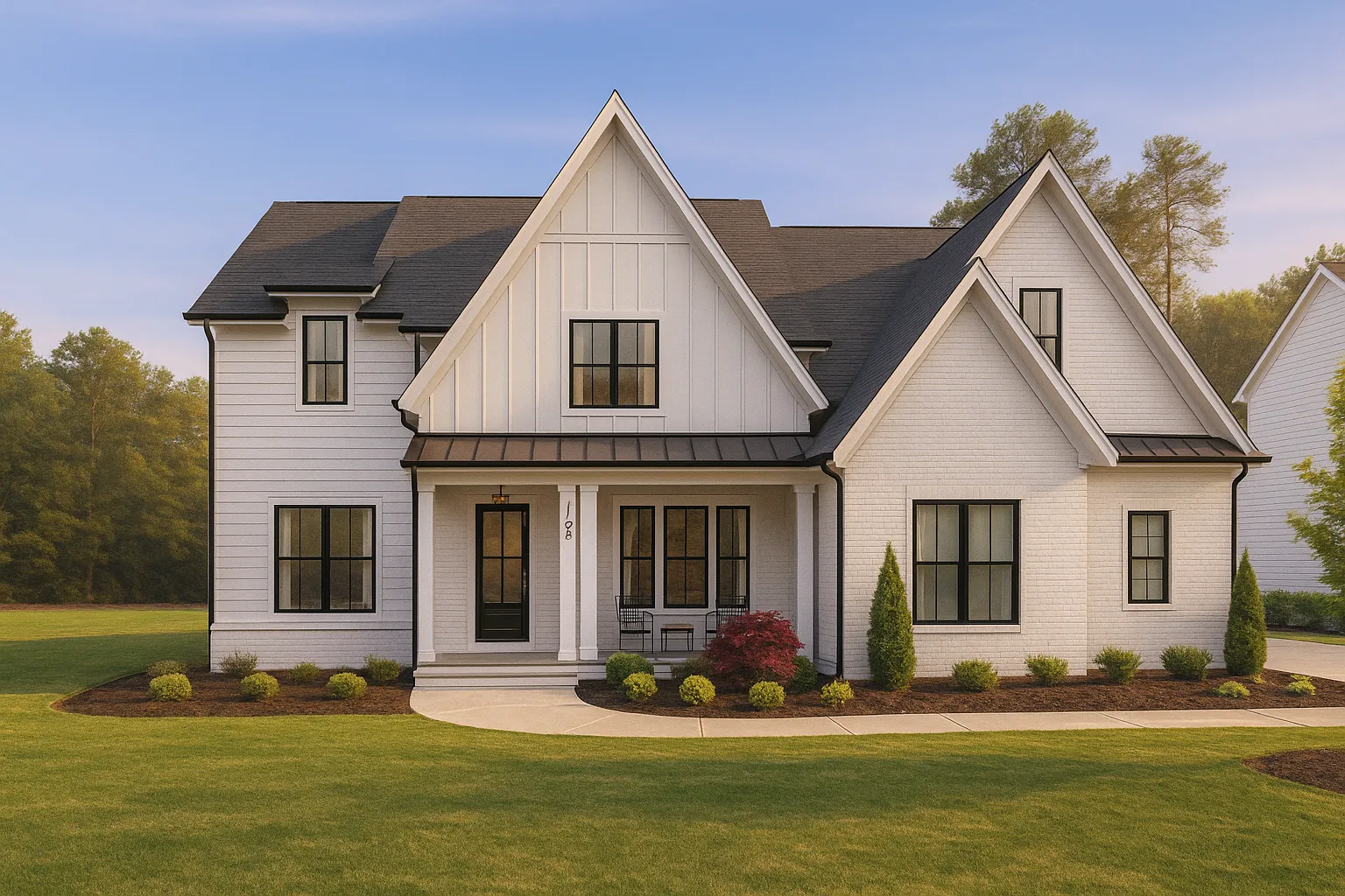 Front view of Modern Farmhouse style home featuring white painted brick, board and batten siding, black metal roofing accents, and dark window frames surrounded by manicured landscaping