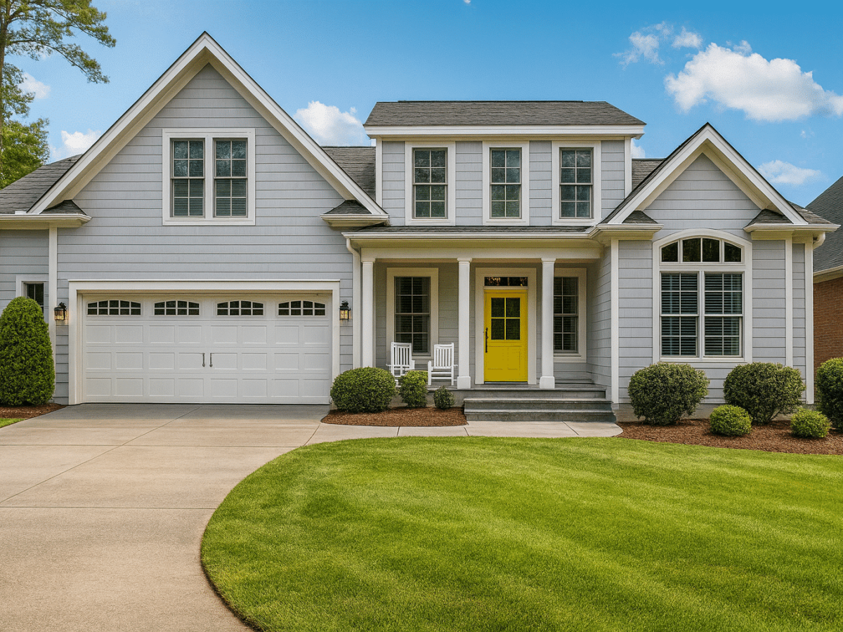 modern gray house yellow door landscaping