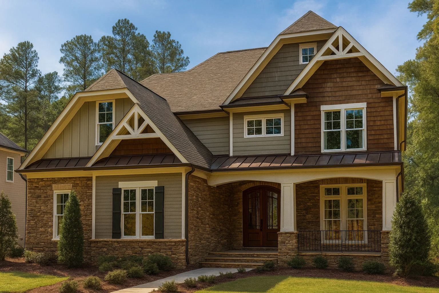 Front exterior of a New American Craftsman style home with board and batten siding, brick accents, decorative gables, and covered front porch